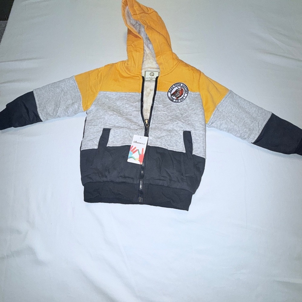 Bumeex Zip Up Hoodie Kids 5T Yellow Gray Black New Sherpa Lined Colorblock Tiger